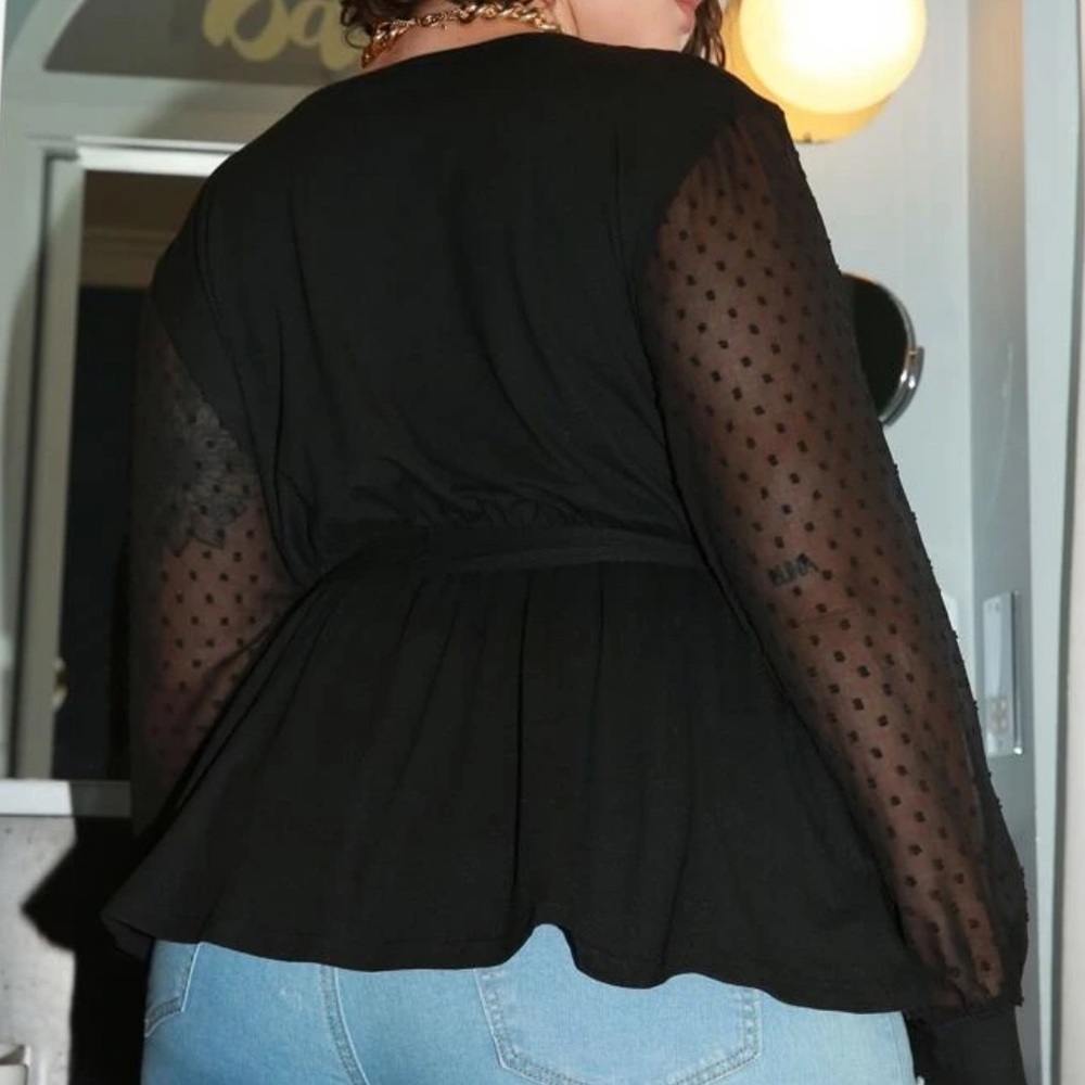 Boho black plus size mesh sleeve peplum blouse - Picture 4 of 5